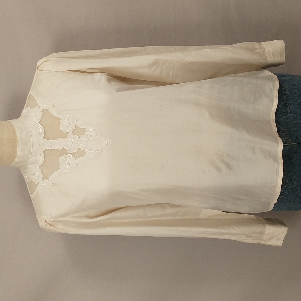 Vintage Buttercream 100% Silk Blouse Extra Long Sleeve